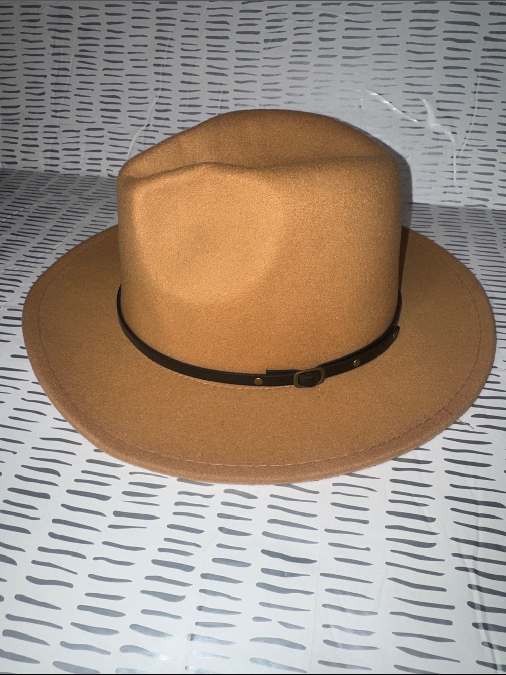 Camel Felt Wide-Brim Fedora Hat with Thin Leather Band